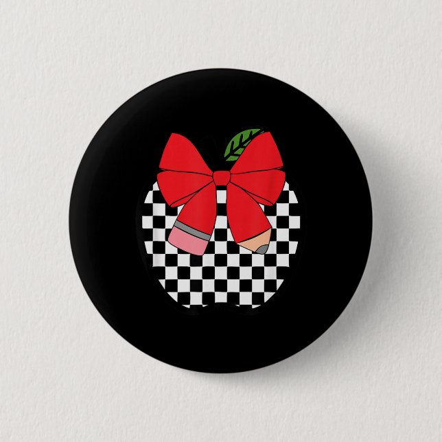 Retro Back to School Teacher Race Checkered Pencil Button (Front)