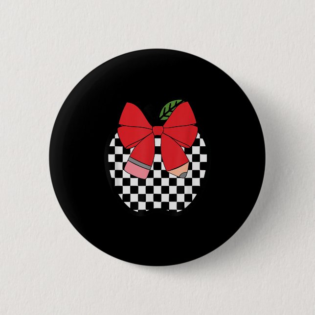 Retro Back To School Teacher Race Checkered Pencil Button (Front)