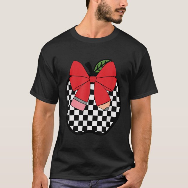 Retro Back To School Teacher Race Checkered Pencil T-Shirt (Front)