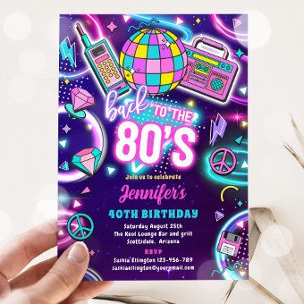 Retro Back To The 80s Neon Disco 40th Birthday Invitation | Zazzle