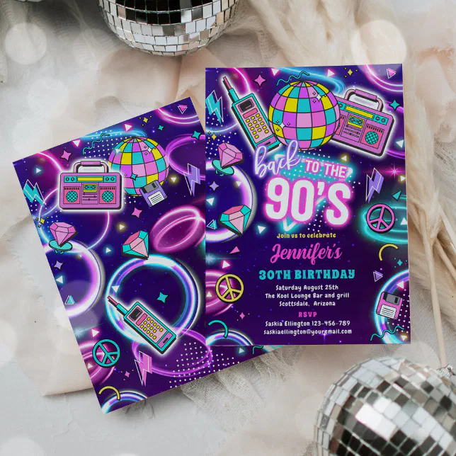 Retro Back To The 90s Neon Disco 30th Birthday Invitation
