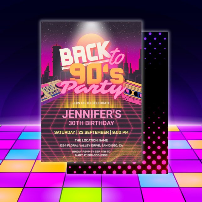 Retro Back to the 90s Neon Glow Birthday Party  Invitation (Retro 90s Neon Glow Birthday Party Invitation)