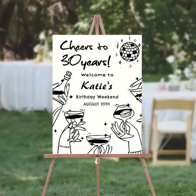 Retro Back White Hand Drawn Cocktail 30th Birthday Foam Board (Creator Uploaded)