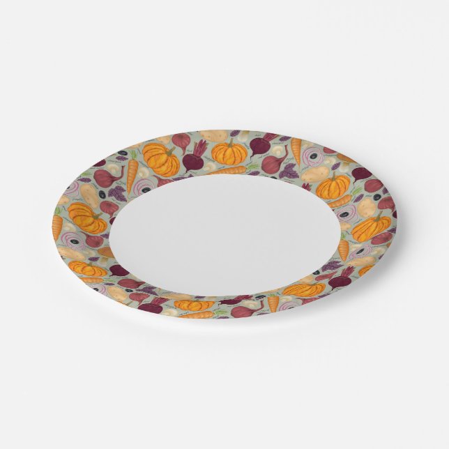 Retro background from fresh vegetables paper plates (Angled)