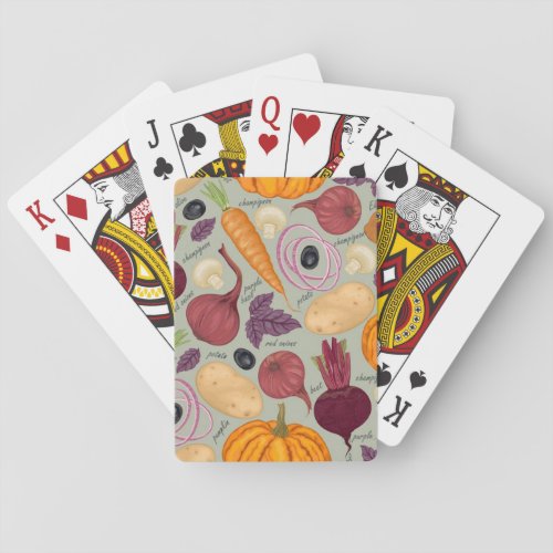 Retro background from fresh vegetables poker cards