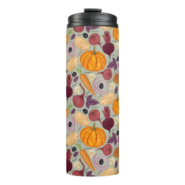 Retro background from fresh vegetables thermal tumbler (Front)
