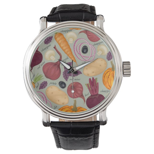 Retro background from fresh vegetables watch (Front)