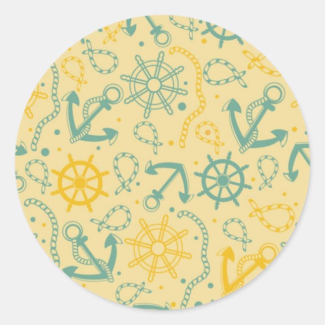 Retro background with anchor, ropes classic round sticker (Front)