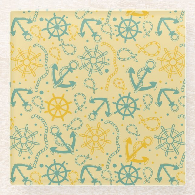 Retro background with anchor, ropes glass coaster (Front)