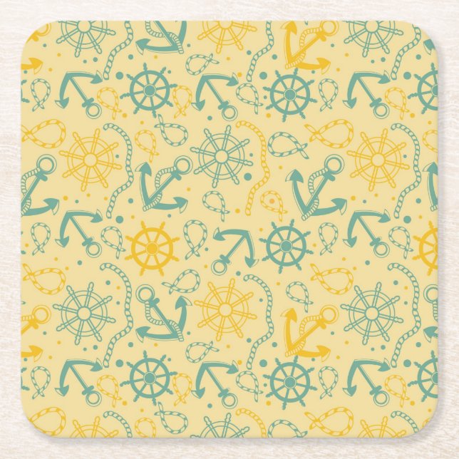 Retro background with anchor, ropes square paper coaster (Front)