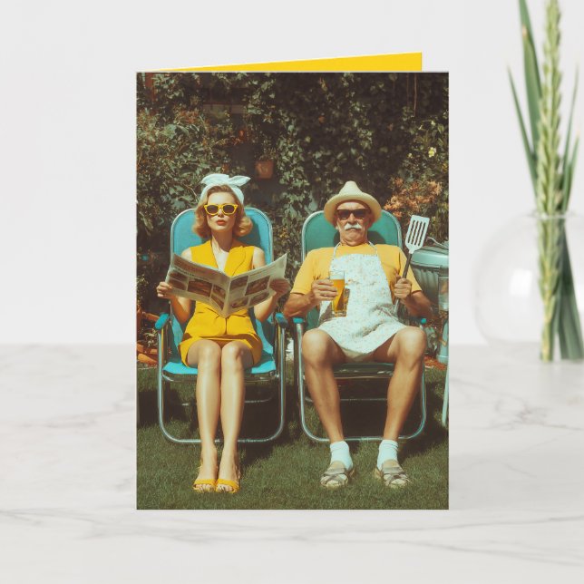 Retro Backyard BBQ Scene with Stylish Couple Card (Front)