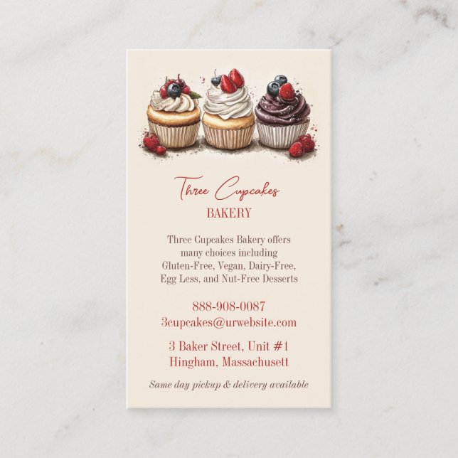 Retro Bakery Cupcakes Business Card Template (Front)