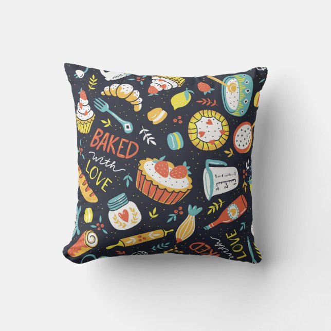 Retro bakery, dots, floral elements. throw pillow (Front)