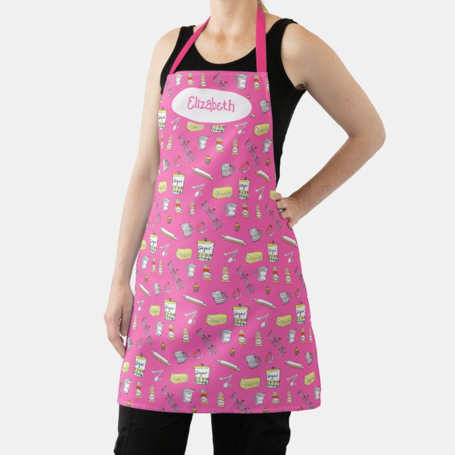 Retro Baking Hand-Drawn Doodle Art Cute Girly Pink Apron (Insitu)