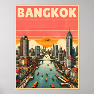 Retro Bangkok city skyline - Thailand travel gifts Poster
