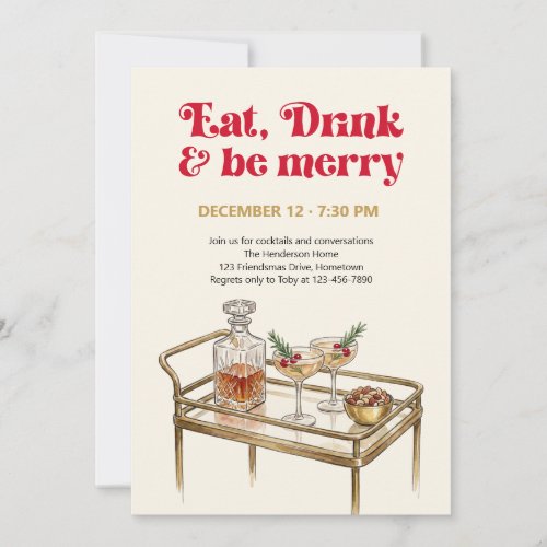 Retro Bar Cart Eat Drink Be Merry Holiday Party Invitation