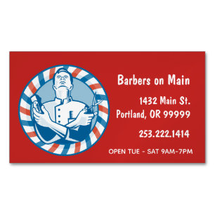 Retro Barber Badge on Red Business Card Magnet