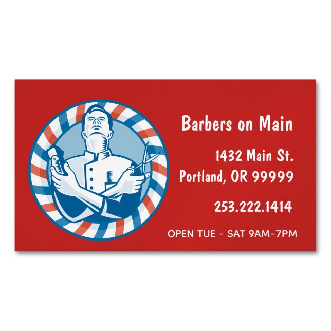Retro Barber Badge on Red Business Card Magnet (Front)