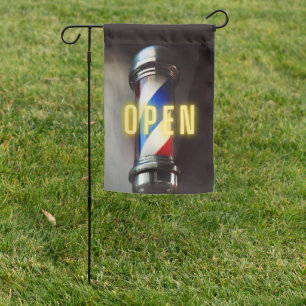 Retro Barber Pole Neon Open Small Flag