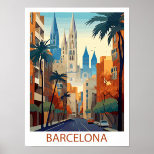 Retro Barcelona Vintage Travel Illustration Poster