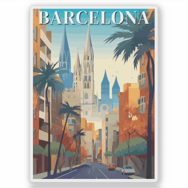 Retro Barcelona Vintage Travel Illustration Sticker (Front)