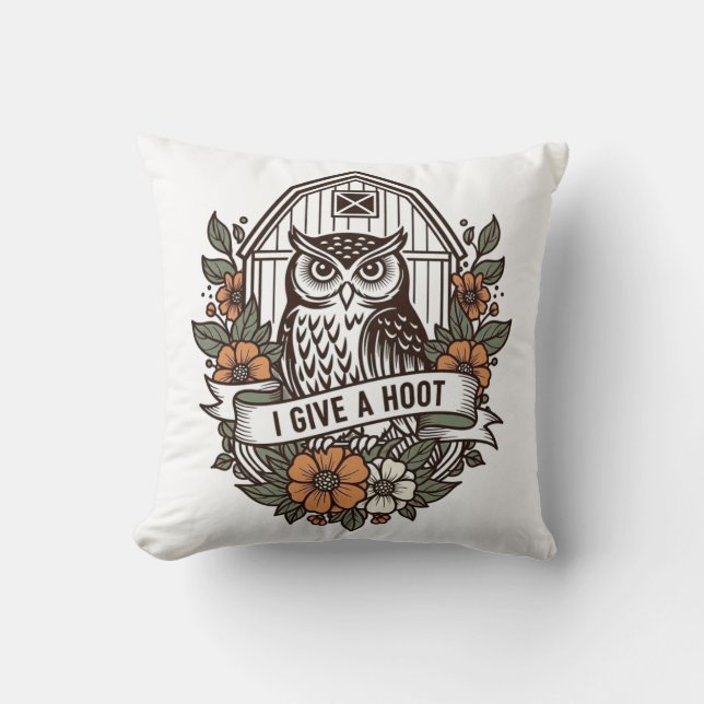 Retro barn owl 'I give a hoot' design Throw Pillow (Front)