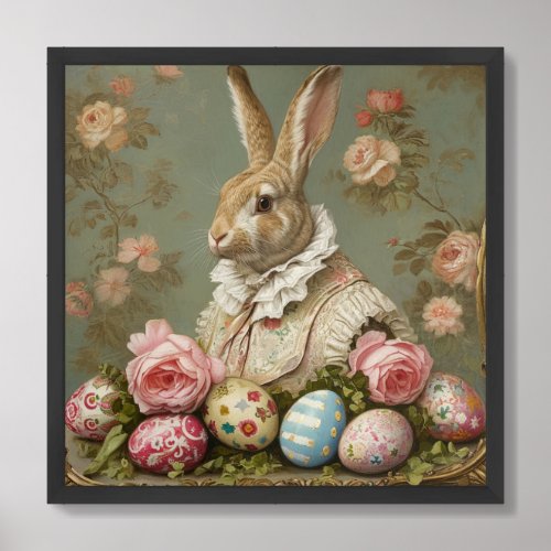 Retro Baroque Easter rabbit with colored eggs  Framed Art