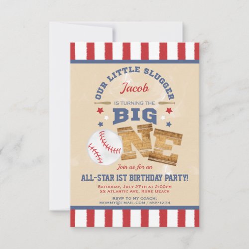 Retro Baseball 1st Birthday Stars  Stripes Invitation