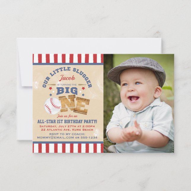 Retro Baseball 1st Birthday Stars & Stripes Photo Invitation (Front)