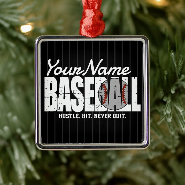 Retro Baseball ADD NAME Pinstripe Team Player Metal Ornament (Tree)