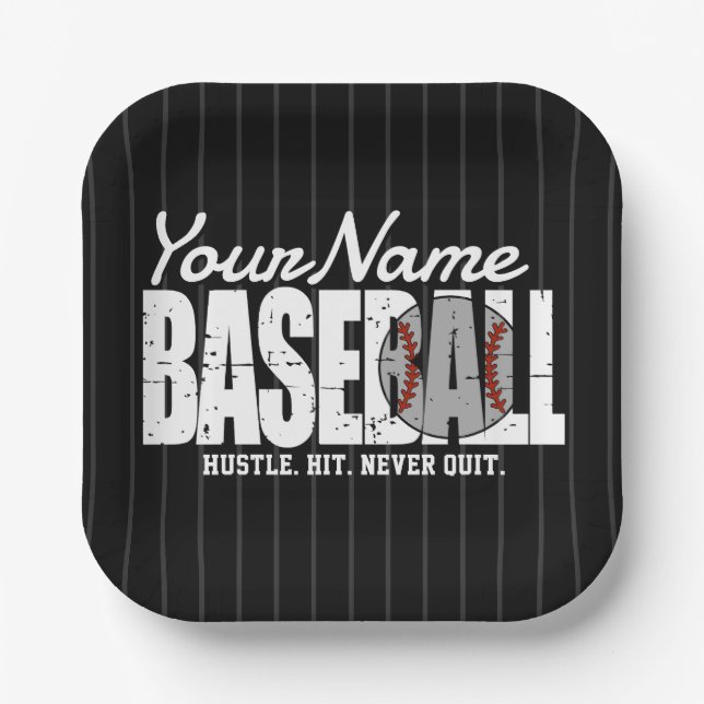 Retro Baseball ADD NAME Pinstripe Team Player Paper Plates (Front)