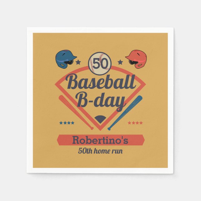 Retro Baseball B-Day Men's 50th Birthday Napkins (Front)