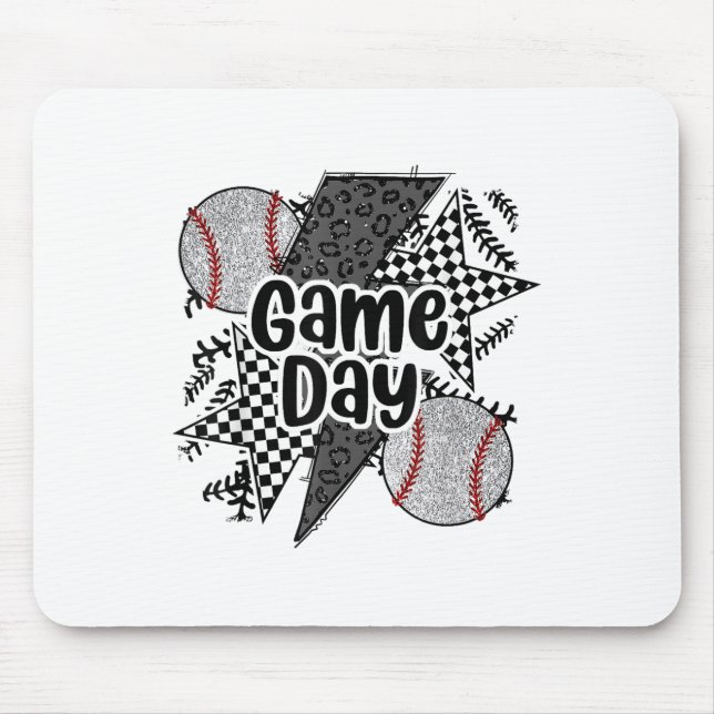 Retro Baseball Game Day Checkered Leopard Baseball Mouse Pad (Front)