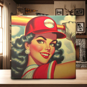 Retro Baseball Girl Ceramic Tile