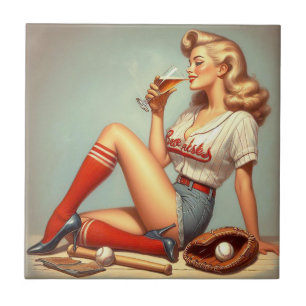 Retro Baseball Girl Painting Ceramic Tile