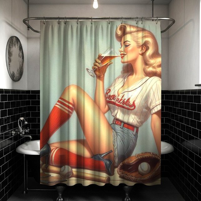 Retro Baseball Girl Painting Shower Curtain (Creator Uploaded)