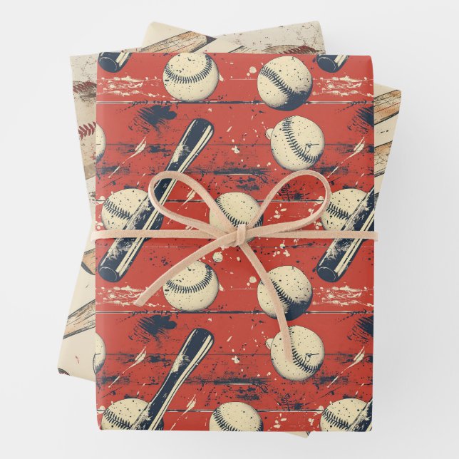Retro Baseball Pattern Wrapping Paper Sheets (In situ)