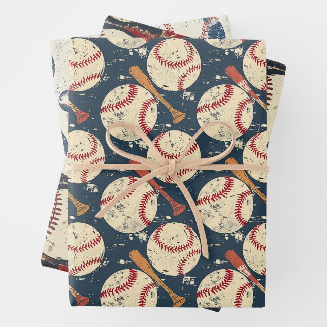 Retro Baseball Pattern Wrapping Paper Sheets (In situ)