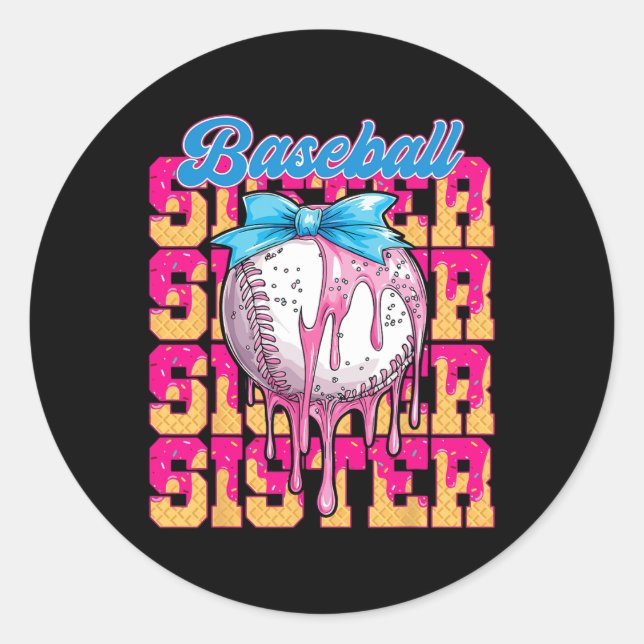 Retro Baseball Sister Ice Cream Drip Coquette Bow  Classic Round Sticker (Front)
