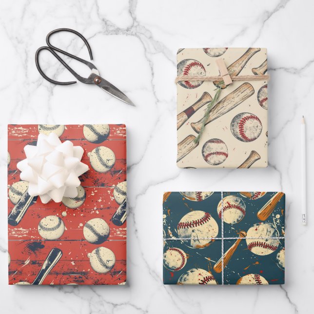 Retro Baseball Trio 3 Wrapping Paper Sheets (Front)