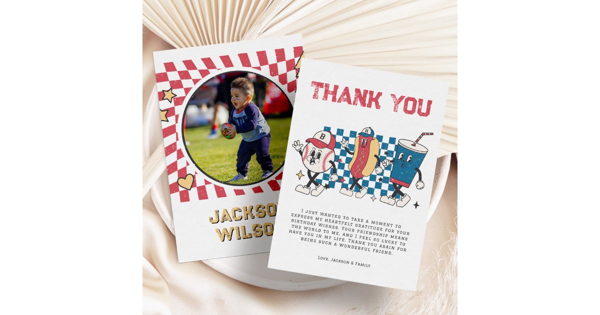 Retro Baseball Vibes Boy Birthday Party Thank You Card | Zazzle