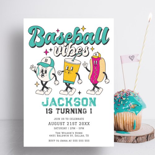 Retro Baseball Vibes Bright Colorful Kids Birthday Invitation