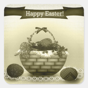 Retro. Basket with Easter eggs Square Sticker