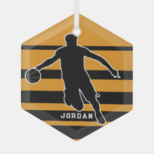 Retro Basketball Player Orange Black custom Glass Ornament