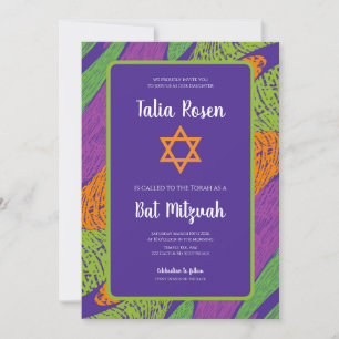 Retro Bat Mitzvah Purple and Green QR Code Invitation