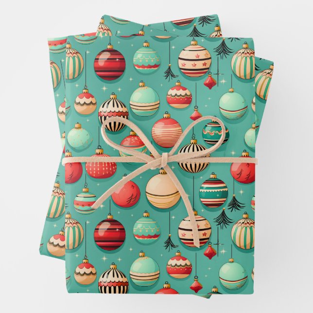 Retro Baubles Christmas Wrapping Paper Sheets (In situ)