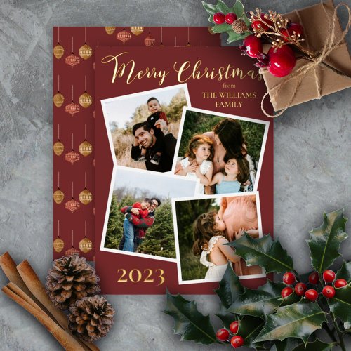 Retro Baubles Merry Christmas 4 Photo Dk Berry Foil Holiday Card