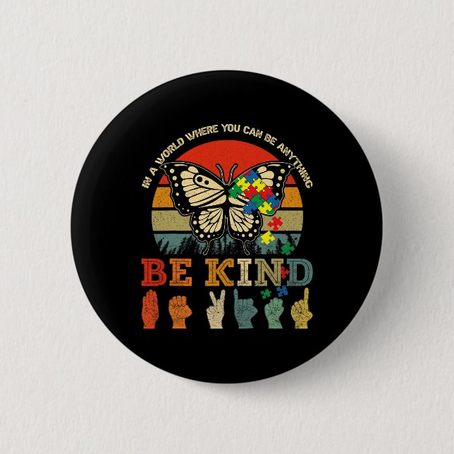 Retro Be Kind Puzzle Butterfly ASL Teacher Autism  Button (Front)