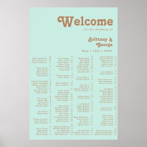 Retro Beach  Aqua Alphabetical Seating Poster