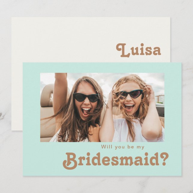 Retro Beach | Aqua Photo Bridesmaid Proposal Card (Front/Back)